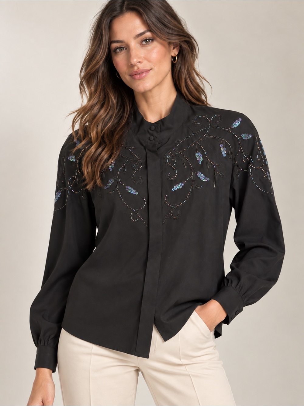 Vintage Alia Black Beaded Sequin Embellished Blouse Size 10